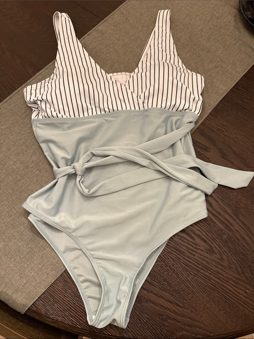 Ladies pale  Olive and. Black  Stripe One-Piece Swimsuit with Waist Tie